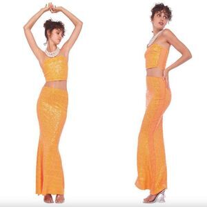 NWT Norma Kamali orange neon sequin mesh tube top Obie maxi skirt matching set